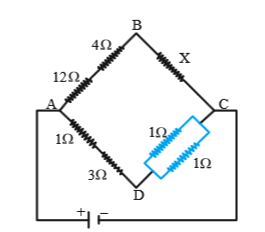 In the arrangement of resistances shown in the circuit, the potential difference between points B and D will be zero, when the unknown resistance X is: