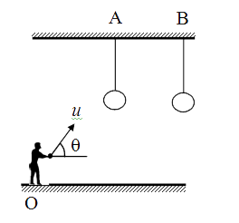 Two rings are suspended from the points A and B on the ceiling of a room with the help of strings of length 1.2 m each as shown. The points A and B are separated from each other by a distance AB = 1.2 m. A boy standing on the floor throws a small ball so that it passes through the two rings whose diameter is slightly greater than the ball. At the moment when the boy throws the ball, his hand is at a height of 1.0 m above the floor. A stop watch which is switched on at the moment of throwing the ball reads 0.2 s when the ball passes through the first ring and 0.6 s when it passes through the second ring.         The maximum height attained by the ball above the floor is: