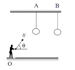 Two rings are suspended from the points A and B on the ceiling of a room with the help of strings of length 1.2 m each as shown. The points A and B are separated from each other by a distance AB = 1.2 m. A boy standing on the floor throws a small ball so that it passes through the two rings whose diameter is slightly greater than the ball. At the moment when the boy throws the ball, his hand is at a height of 1.0 m above the floor. A stop watch which is switched on at the moment of throwing the ball reads 0.2 s when the ball passes through the first ring and 0.6 s when it passes through the second ring.         The projection speed of the ball is: