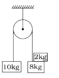A system is at rest as shown in figure. The tension in the string in T(1).  When the 2 kg block is removed, the system moves with some acceleration a and tension in string becomes T(2)  Find T(1)//T(2) .