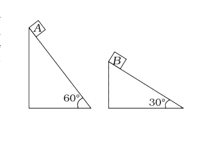 Two fixed frictionless inclined planes making angles 30° and 60° with the vertical are shows in the figure. Two blocks A and B are placed on the two planes. What is the relative vertical acceleration of A with respect to B ?