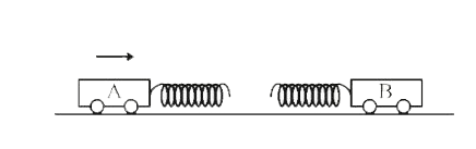 Two carts (A and B), having spring bumpers, collide as shown. Cart A has a mass of 2 kg and is initially moving to the right. Cart B has a mass of 3 kg and is initially stationary. When the separation between the carts is a minimum :
