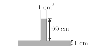 A tube  1 cm^2  in cross section is attached to the top of a vessel 1 cm high and of cross section area  100  cm ^2  . Water is poured into the system filling it to a depth of 100 cm above the bottom of the vessel as shown in the figure. Choose the correct statement. (Take g    =  10 m s ^(-2) )