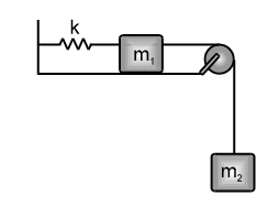 m(1) & m(2)are connected with a light inextensible string with m(1) lying on smooth table and m(2) hanging as shown in figure m(1) is also connected to a light spring which is initially unstretched and the system is released from rest.
