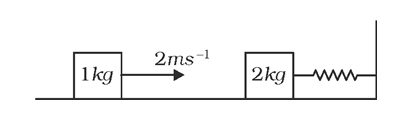 A spring-block system is resting on a frictionless floor as shown in the figure. The spring constant is 2.0Nm^(-1) and the mass of the block is 2.0 kg. Ignore the mass of the spring. Initially the spring is in an unstretched condition. Another block of mass 1.0 kg moving with a speed of 2.0ms^(-1) collides elastically with the first block. The collision is such that the 2.0 kg block does not hit the wall. The distance, in metres, between the two blocks when the spring returns to its unstretched position for the first time after the collision is