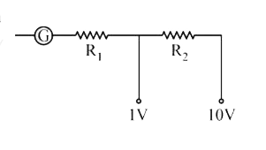 The resisitance  of a  galvanometer is 50 Omega  and  it shows  full  scale diflection  for  current  of 1  mA.  . To convert  it into  a voltmeter to measure  1V  and  as well  as 10 V  ( refer  circuit  diagram  ) the  resistance  R(1)   and R(2)   respecivtively