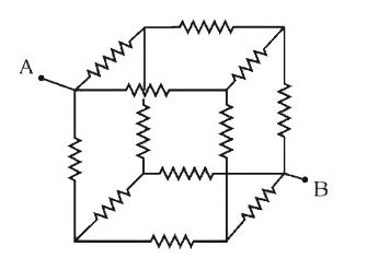 Twelve resistors of equal value R are connected in the form of a cube. Effective resistance between diagonals of the cube is
