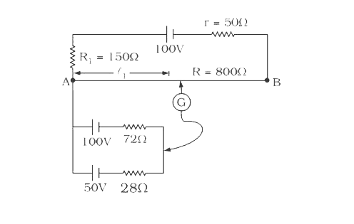 In the circuit shown, the length of AB is 100 cm. The lengthj1  for which the galvanometer shows zero deflection is  cm.