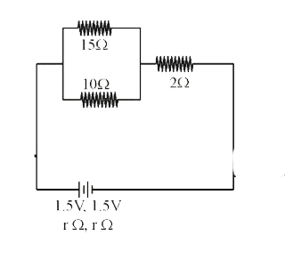 In the given circuit, an ideal voltmeter connected across the 10Omega  resistance reads 2V. The internal resistance r, of each cell is: