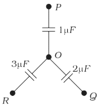 Three uncharged capacitors are connected as shown in the figure. If potentials at point P, Q and R are maintained at 1V, 2V, 3V respectively, then potential at O becomes   .