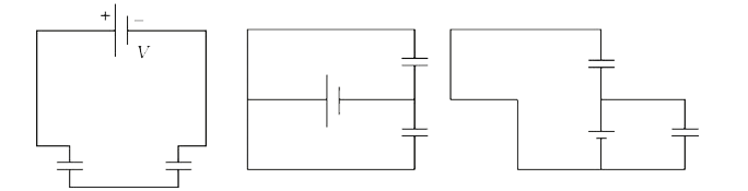For the three circuit shown in figure across the battery capacitors are connected in some combination. Which of the following is the correct order of combination: