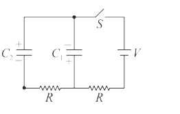 Two capacitors, C(1) and C(2), charged to a potential V/2 and V respectively with polarities as shown, are connected in a circuit with an ideal battery of EMF V. The capacitances are C(1)=2C and aC(2)=C. At t=0, the switch S is closed. A long time after S is closed,
