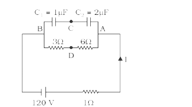 At steady state, the potential difference between points C and D in the circuit shown is equal to  V.