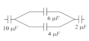 In the figure shown below, the charge on the left plate of the 10muF capacitor is -30muF. The change on the right plate of the 6muF capacitor is:
