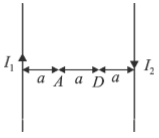 Two long parallel wires carry currents in opposite direction as shown. Points A and D lie in the same plane as the wires. The magnetic field at A and D is into the plane of the paper, with intensity B(A) and B(D) respectively. If (B(A))/(B(D))=7/5, the value of (I(1))/(I(2)) is .