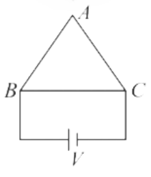 An equilateral triangle ABC of side length a is made. The sides AB and AC have resistance per unit length beta, and side BC has resistasnce per unit length 2beta. An ideal battery of EMF V is now connected across BC as shown. The magnetic field intensity at the centrroid of the triangle ABC is n((mu(0)V)/(4pi beta a^(2))), then the value of n is . (Consider only the field due to sides AB, BC and AC of the triangle, and neglect the field due to other wires)