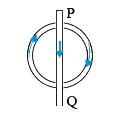 A circular coil of wire carries a current PQ is part of a very long wire carrying a current and passing close to the circular coil. If the directions of the currents are those as shown, what is the direction of the force acting on PQ