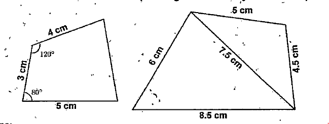 Draw the two rilaterals shown below, in your note book. Draw triangles of the same area and calculate the areas (The lengths needed may be measured).