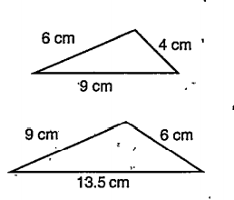 Angles of the triangle with sides: 4 cm, 6 cm, 9 cm are equal.to the angles of the triangle with sides 6 cm, 9 cm, 13.5 cm. But they are not congruent. Why?