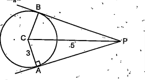 ചിത്രത്തില്‍ C വൃത്തത്തിന്റെ കേന്ദ്രവും PA, PB എന്നിവ തൊടുവരകളുമാണ്‌. വൃത്ത ത്തിന്റെ ആരം 3 സെന്റിമീറ്റര്‍, PC=5  സെന്റിമീറ്റര്‍. PACB എന്ന ചതുര്‍ഭുജത്തിന്റെ പരപ്ളവ്‌ കണക്കാക്കുക.