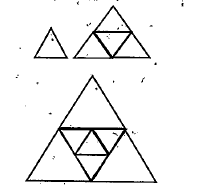 The first figure above is an equilateral triangle of sides 2 centimetres. The second figure is obtained by drawing lines passing thròugh' the vertices and parallei to the sides of the triangle in the first figure. The third figure is got by drawing lines' passing through the veritces and parallel to the sides of the triangle in the second figure.   a) Write the sequence of perimeters of biggest triangle in each figure obtained by continuing this process.   b)Write the sequence of areas of biggest triangle in each figure:   c)Write algebraic forms of both of the above sequences.