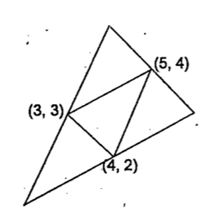 In this picture, the mid points of the sides of the large triangle are joined to make a small triangle inside. 
  
 
  Calculate the co-ordínates of the vertices of the large triangle.