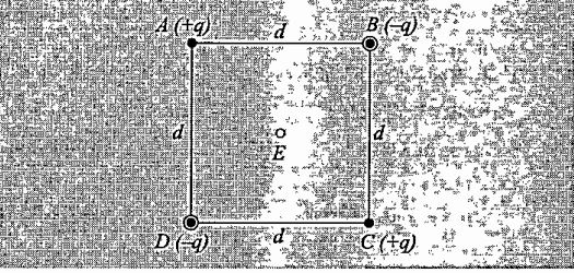 આકૃતિમાં દર્શાવ્યા પ્રમાણે d જેટલી બાજુની લંબાઈવાળા ચોરસના શીરોબિંદુઓ A, B, C અને D પર અનુક્રમે +q,-q, +q અને -q બિંદુવત્ વિદ્યુતભારોની ગોઠવણ કરવા માટે કરવું પડતું કાર્ય શોધો.