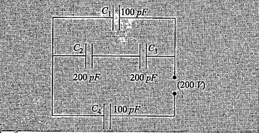 આકૃતિમાં દર્શાવેલા નેટવર્કમાં દરેક કેપેસીટર પરનો વિદ્યુતભાર તથા દરેક કેપેસીટરની બે પ્લેટો વચ્ચેનો વોલ્ટેજ શોધો.
