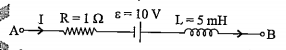 આકૃતિમાં દર્શાવેલ નેટવર્ક એ પરિપથનો એક ભાગ દર્શાવે છે. (બૅટરીનો અવરોધ અવગણ્ય છે.)      કોઈ ક્ષણે પ્રવાહ I =5 A હોય અને 10^(3) ના દરથી ઘટતો હોય, તો B અને A બિંદુઓ વચ્ચેનો વિદ્યુતસ્થિતિમાનનો તફાવત V(B) -V(A) કેટલો હશે?