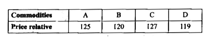 The price relative to base 100 of a set of commodities are as given in the following tabe :      Find the index number using  simple average of price relatives .