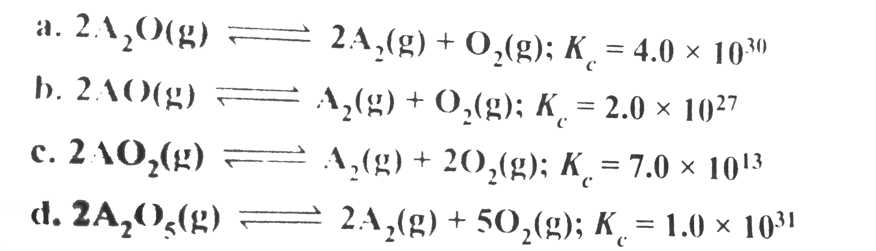 The equilibrium constant of the dissocition of various of an element A are given at constant temperature:   a.    Write the stability of these oxides in increasing order.