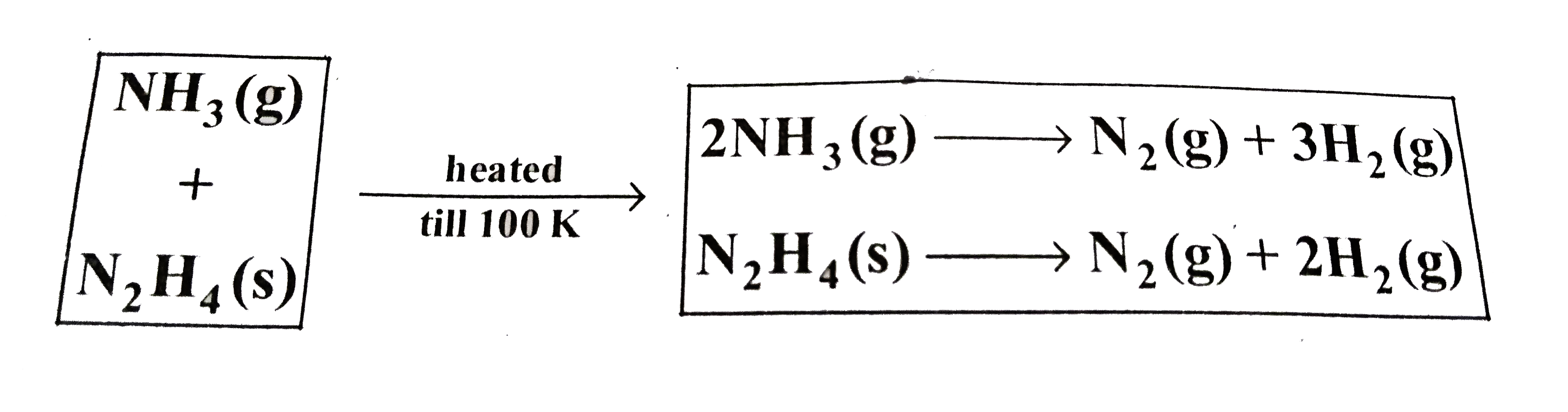 At      Assuming complete decomposition of NH(3) and N(2)H(4)   P=0.3 atm, P=2.7 atm   T=300K, T=200K   VL, VL   mole % of NH(3) in original mixture is (assume both concentration same volume)