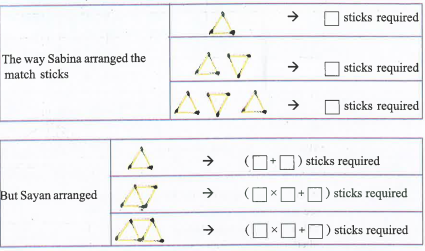 Write the algebraic expression for the number of match sticks required in the arrangements of Sabina and Sayan.