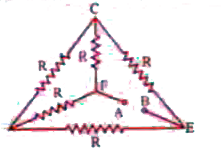 Five equal resistances , each of resistance R , are connected as shown in figure below.A  battery  of V volt is connected between A and B . The current flowing in FC will be.