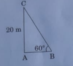 In figure, the angle of elevation of the top of a tower AC from a point B on the ground is 60^@. If the height of the tower is 20m , find the distance of the point from the foot of the tower.