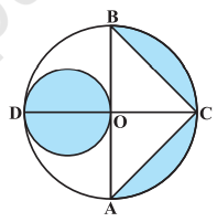In Fig. 12.27, AB and CD are two diameters of a circle  (with centre O) perpendicular to each other and OD is the diameter of the  smaller circle. If O A=7\ c m, find the area of the shaded region