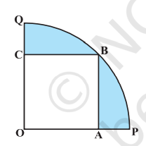 In Fig. 12.31, a square OABC is inscribed in a  quadrant OPBQ. If O A=20 c m , find the area  of the shaded region. (Use pi=3. 14)