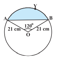 Find the area of the segment AYB of circle, if  radius of the circle centered at O is 21 cm and /A O B\ =\ 120^o