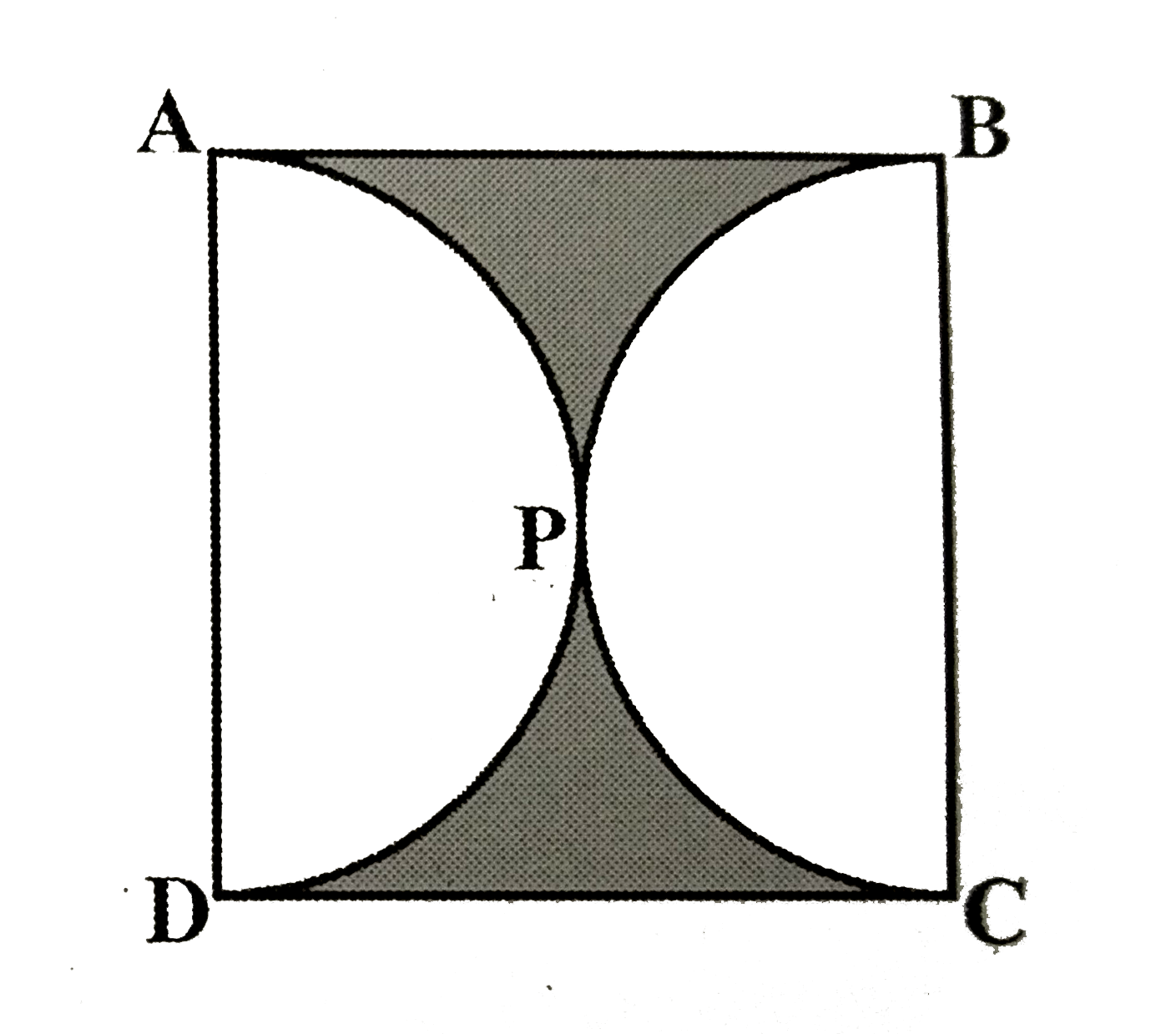 आकृति में छायांकित भाग का क्षेत्रफल ज्ञात कीजिए यदि ABCD भुजा 14 cm का एक वर्ग है तथा APD और BPC दो अर्धवृत्त हैं।