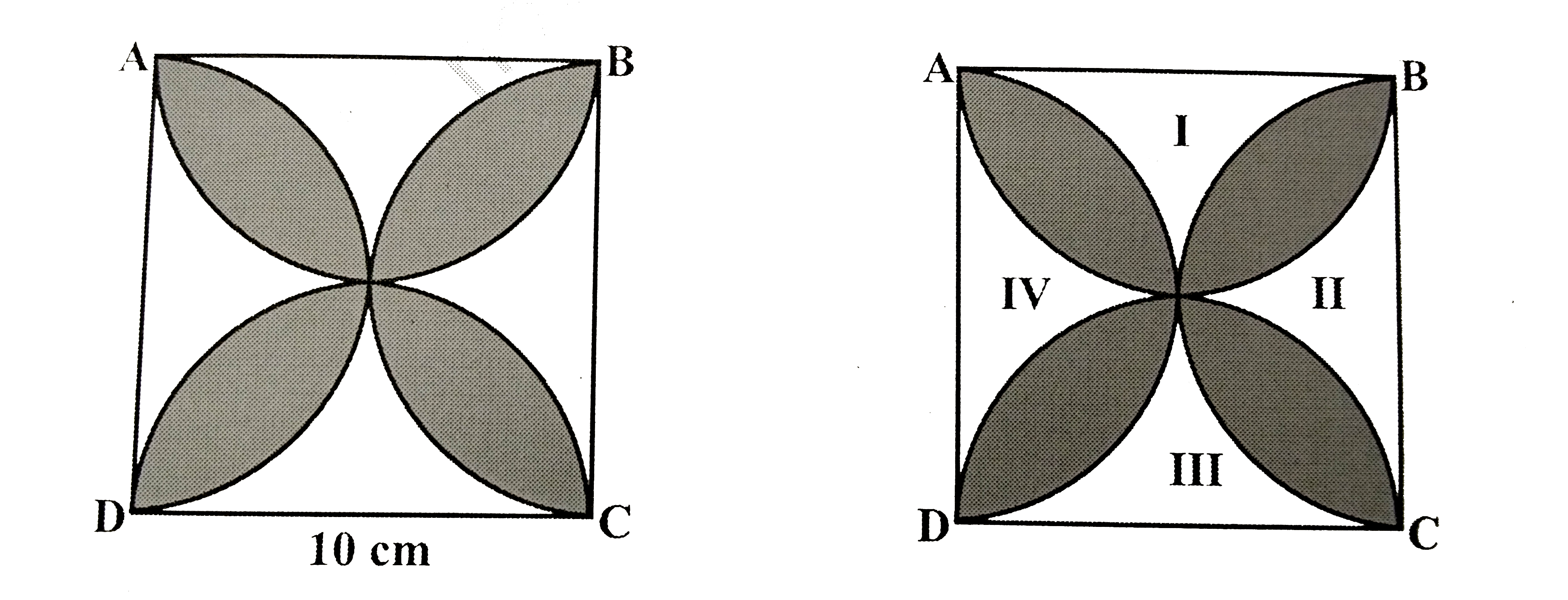 आकृति मे छायांकित डिजाइन का क्षेत्रफल ज्ञात कीजिए जहां ABCD  भुजा 10 cm का एक वर्ग है तथा इस वर्ग की प्रत्येक भुजा को व्यास मान कर कर अर्धवृत्त खींचे गए हैं। (pi=3.14 का प्रयोग कीजिए।)
