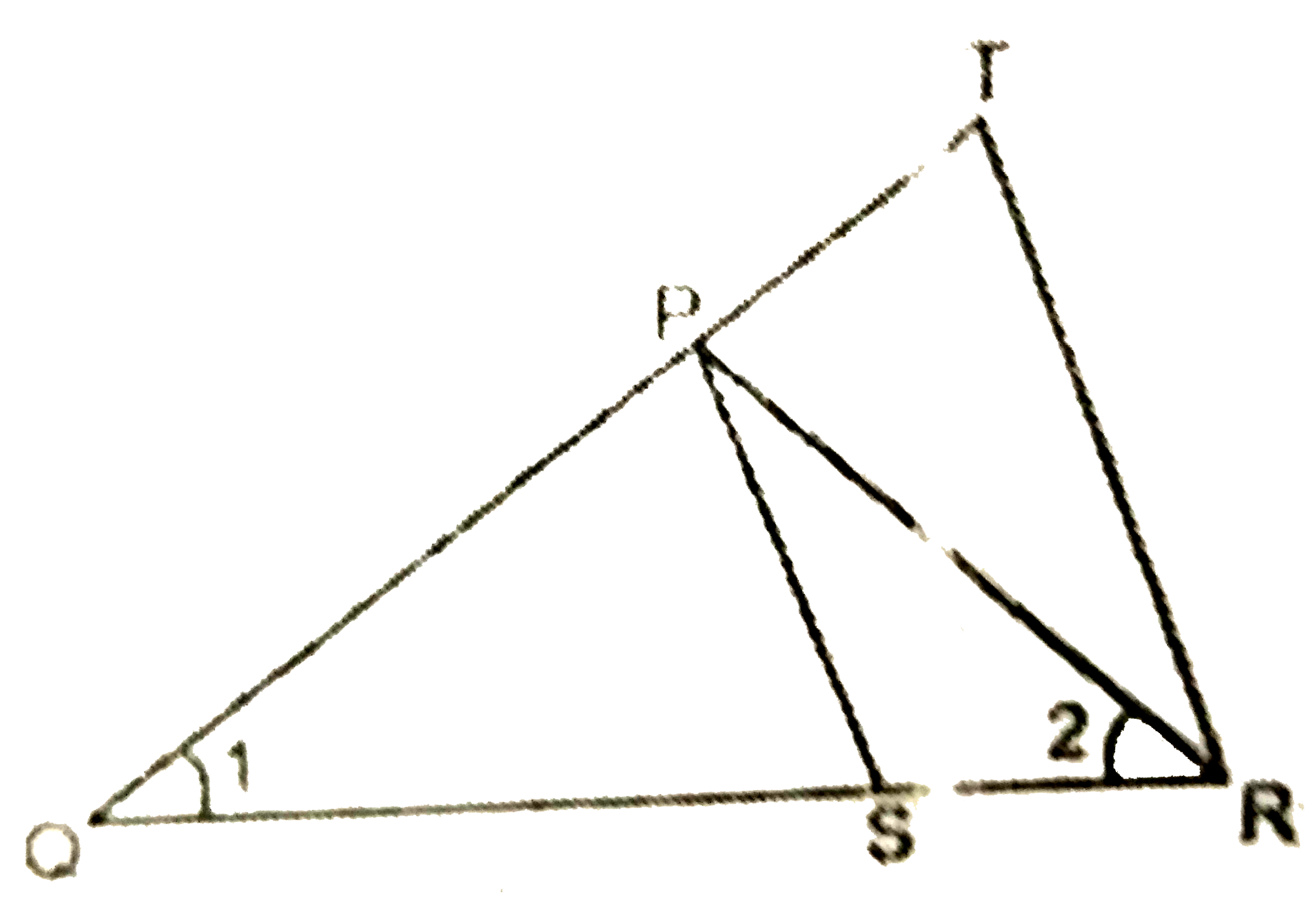 दी  गयी आकृति  में (QR)/(QS)=(QT)/(PR)   तथा angle1=angle2  है  दर्शाइए  कि  DeltaPQS~DeltaTQR है ।