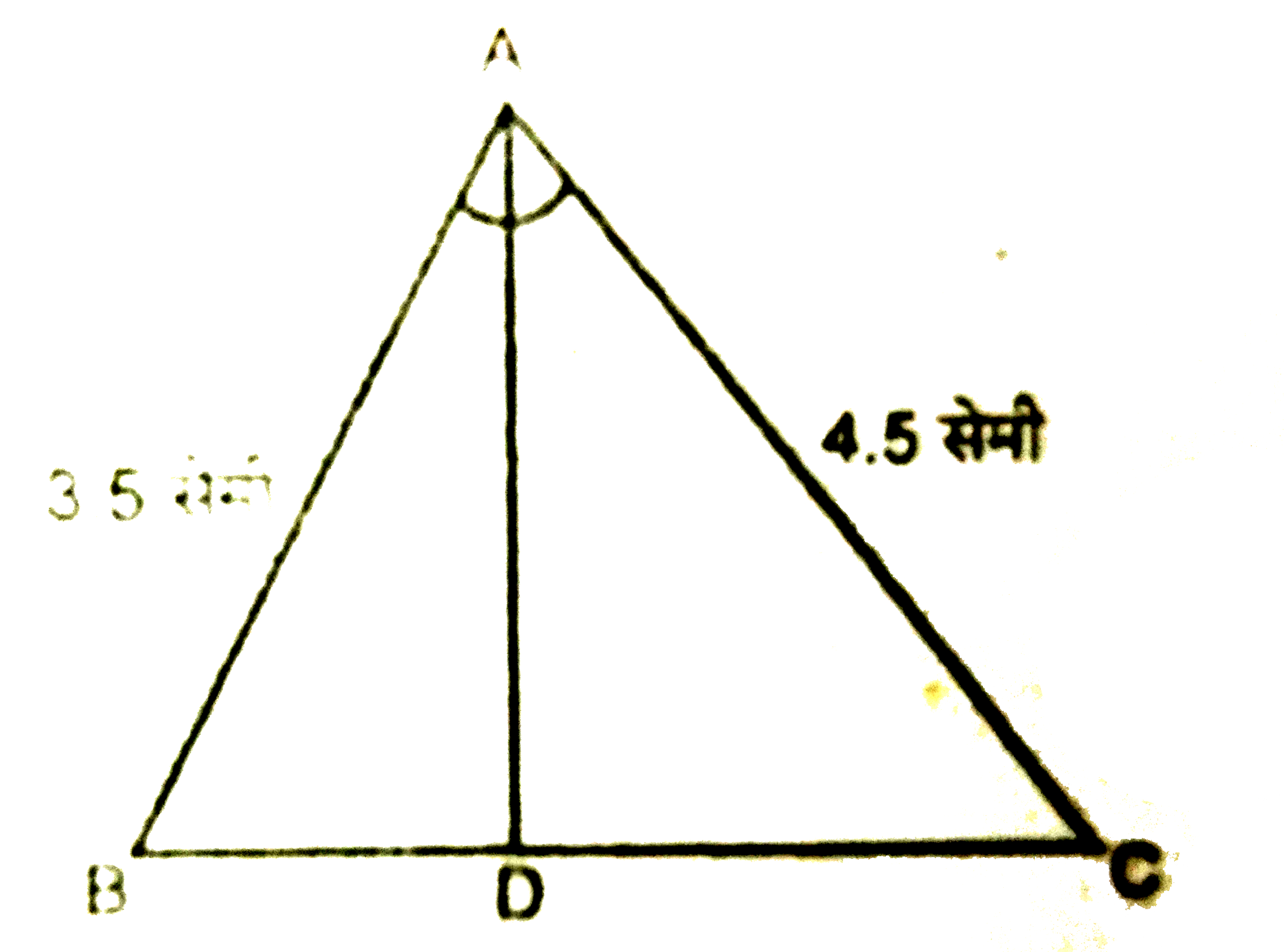निम्न  चित्र  में ,          त्रिभुज   ABC  की  भुजा AB=3*5  सेमी  तथा   भुजा  AC=4*5  सेमी  है । यदि  रेखाखण्ड  AD,angleBAC  का  अर्द्धक  है  एवं  BC को  D  पर  काटता  है  तो  BD  :  DC   का  मान  होगा  :
