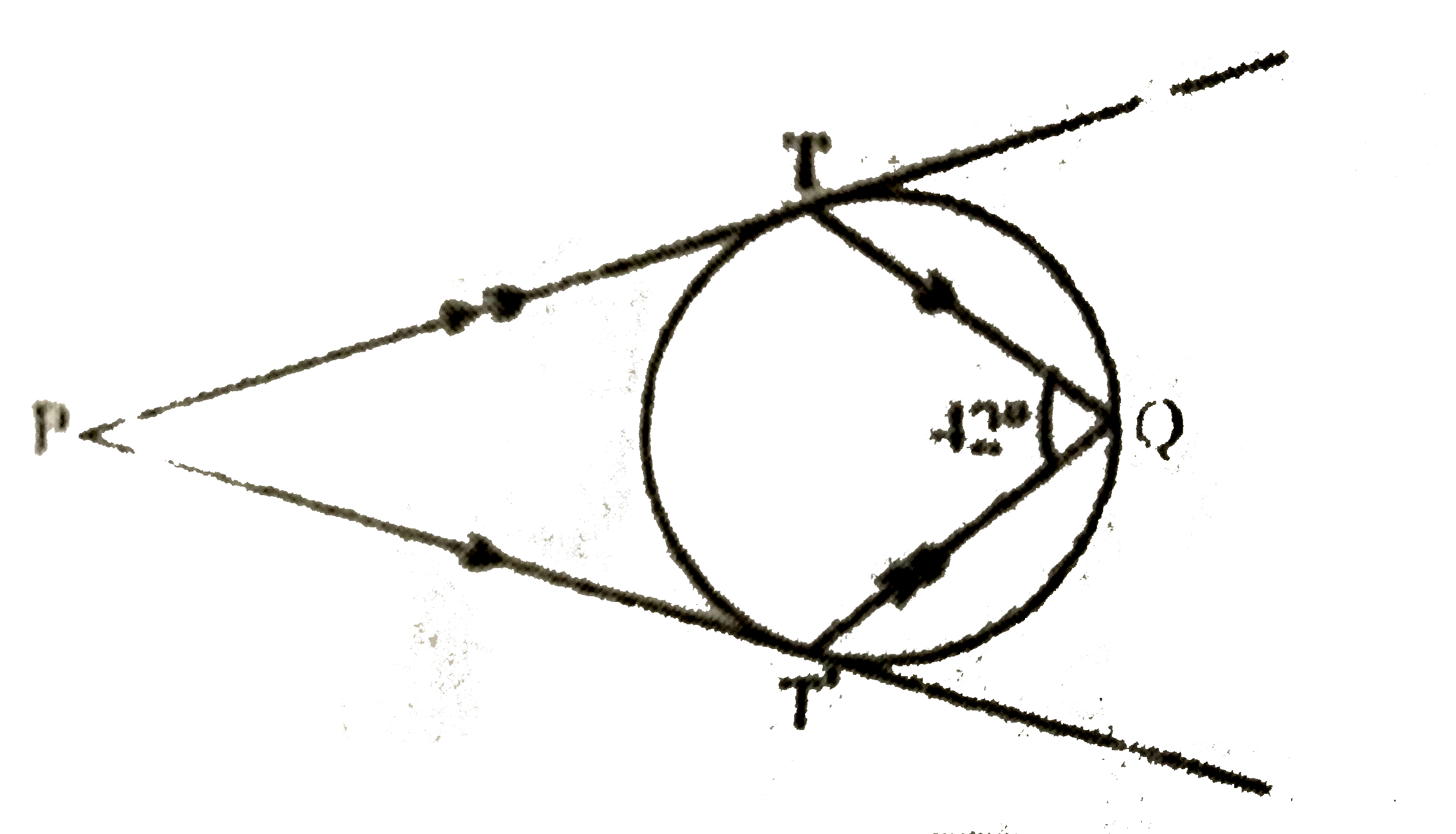 चित्र में, वृत्त TQT का केन्द्र O हो, तो angleTPT' की माप ज्ञात कीजिए।