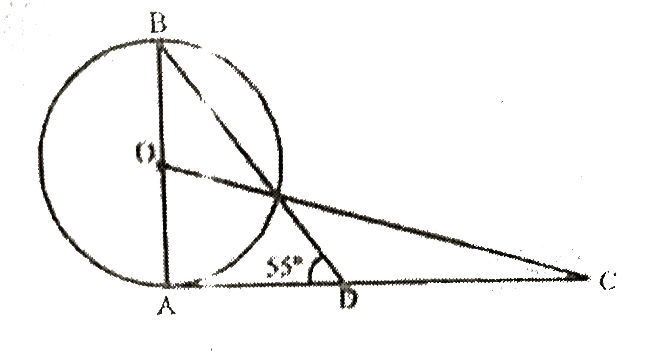 चित्र में, वृत्त का केन्द्र O है और AC वृत्त की स्पर्श रेखा है। यदि angleADB=55^(@),