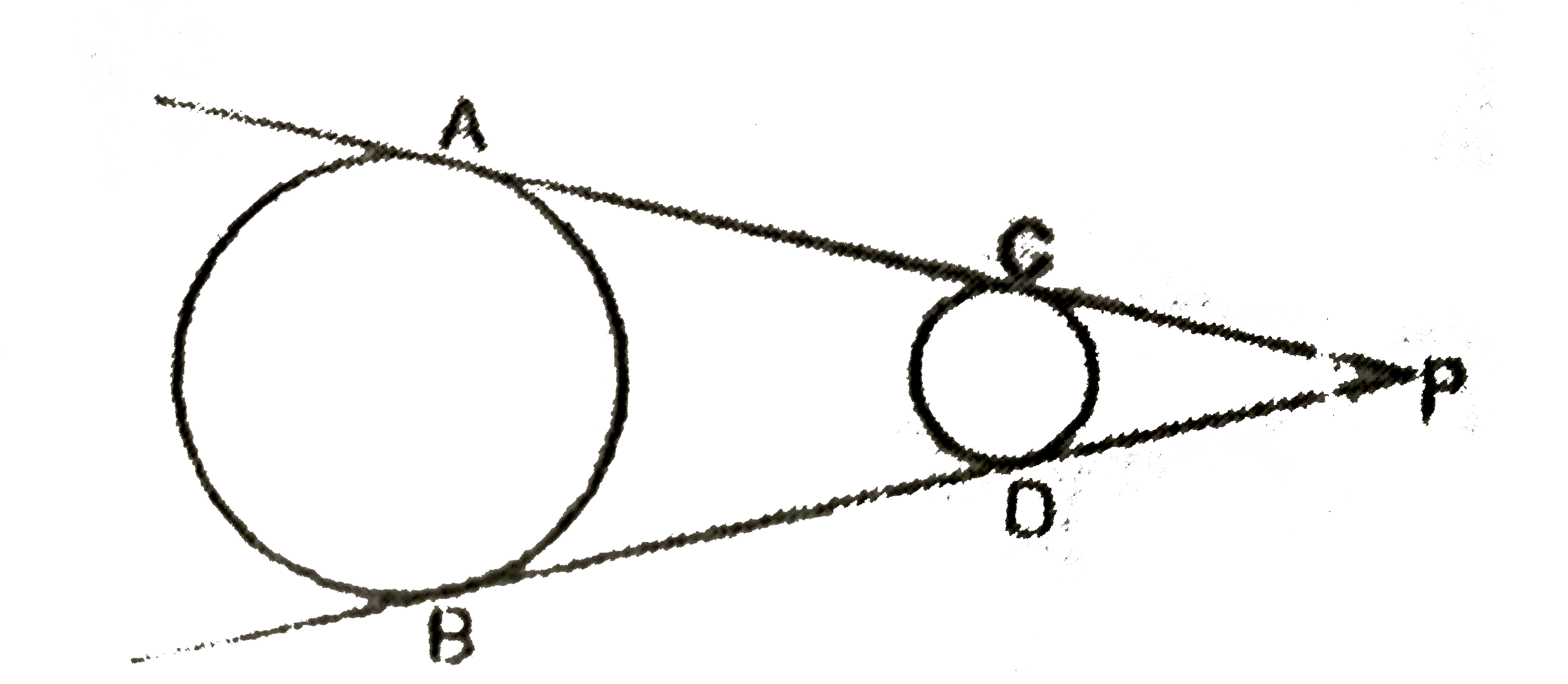 निम्न चित्र में, रेखा PCA तथा PDB वृत्तों की उभयनिष्ट स्पर्शी है, तो सिद्ध कीजिए AC=BD, जहाँ बिन्दु A, C, B तथा D वृत्तों पर स्थित है।