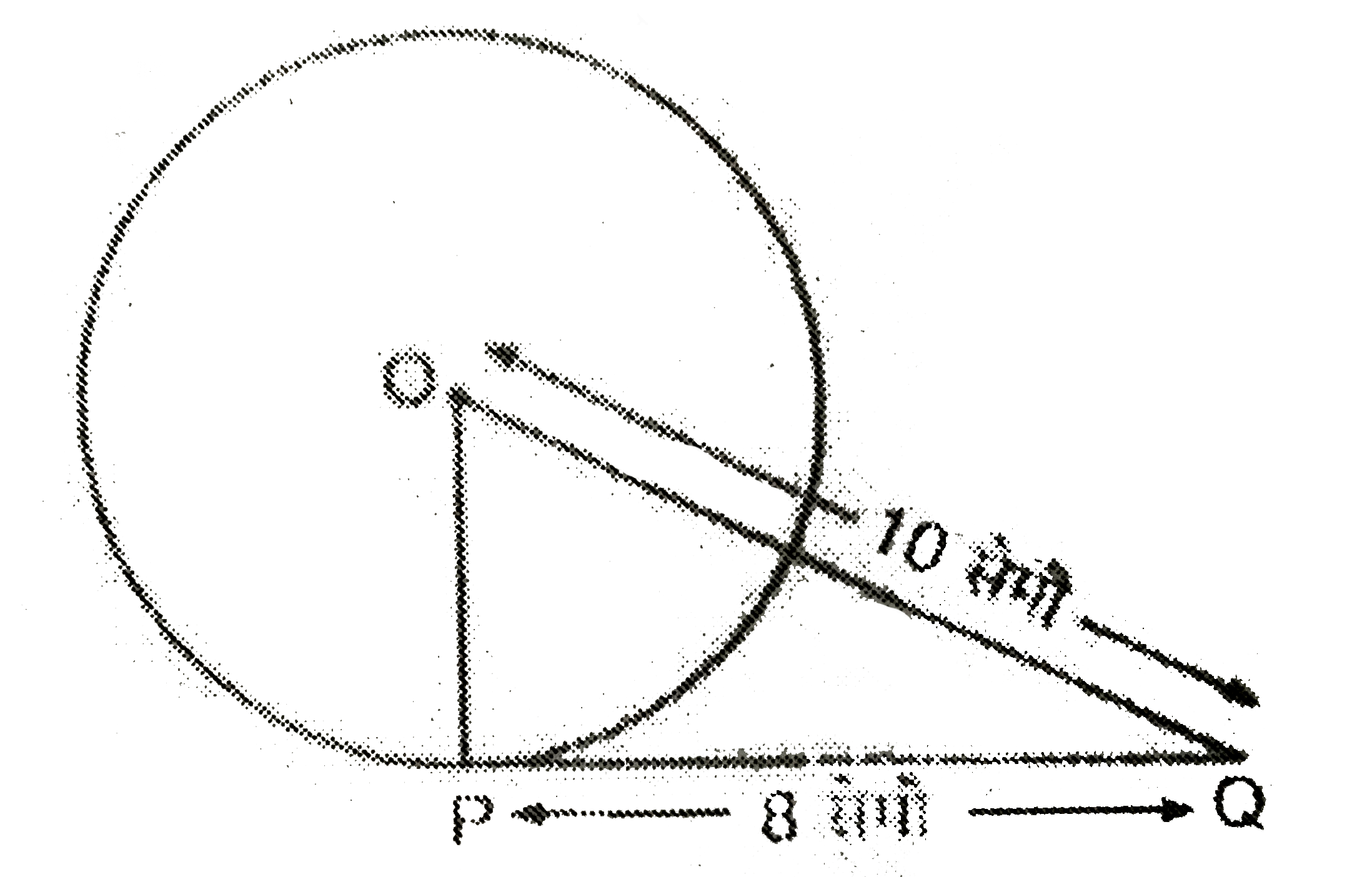 निम्न चित्र में, O वृत्त का केन्द्र  है और किसी बिन्दु P पर PQ वृत्त की स्पर्श रेखा है। यदि PQ =8 सेमी तथा OQ=10  सेमी, तो वृत्त की त्रिज्या की माप ज्ञात कीजिए।