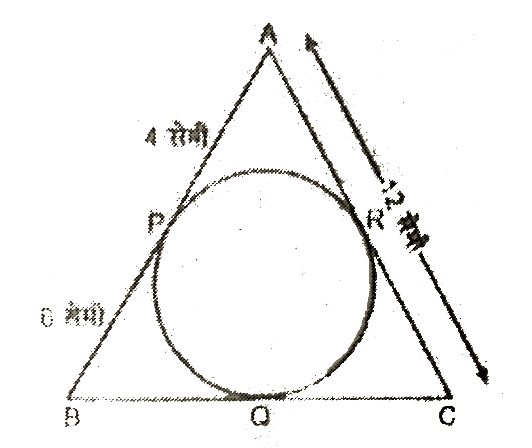 दिये गये चित्र में, त्रिभुज ABC के अंन्तर्गत एक वृत्त खींची गया है तथा P, Q, R स्पर्श बिन्दु है। यदि PA=4 सेमी PB=6 सेमी तथा AC=12 सेमी हो, तो BC की माप ज्ञात कीजिए।