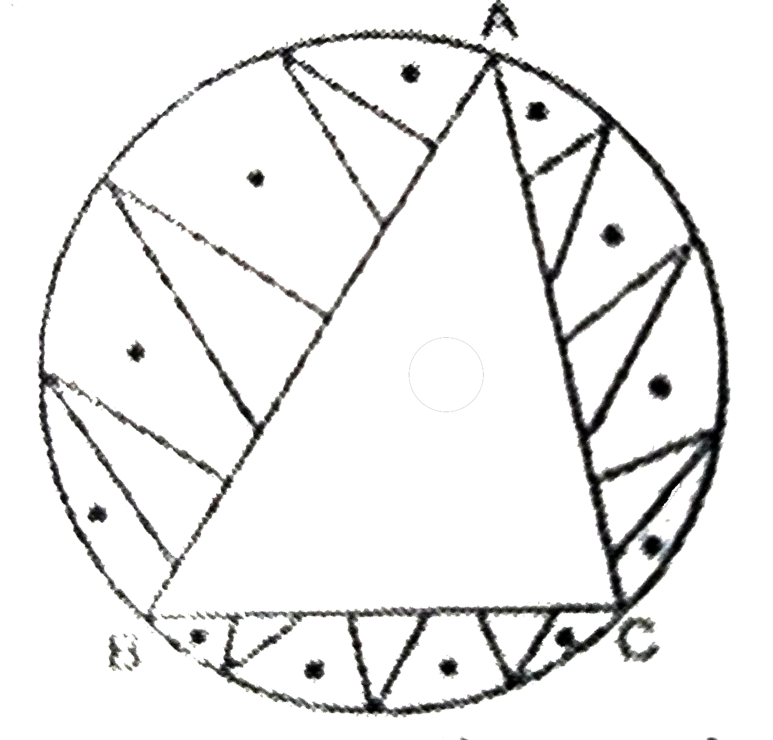 एक वृत्ताकार मेजपोश, जिसकी त्रिज्या 32 सेमी है, में बीच में एक समबाहु त्रिभुज ABC छोड़ते हुए एक डिजाइन बना हुआ है। जैसे निम्न आकृति में दिखाया गया है। इस डिजाइन का क्षेत्रफल ज्ञात कीजिए।