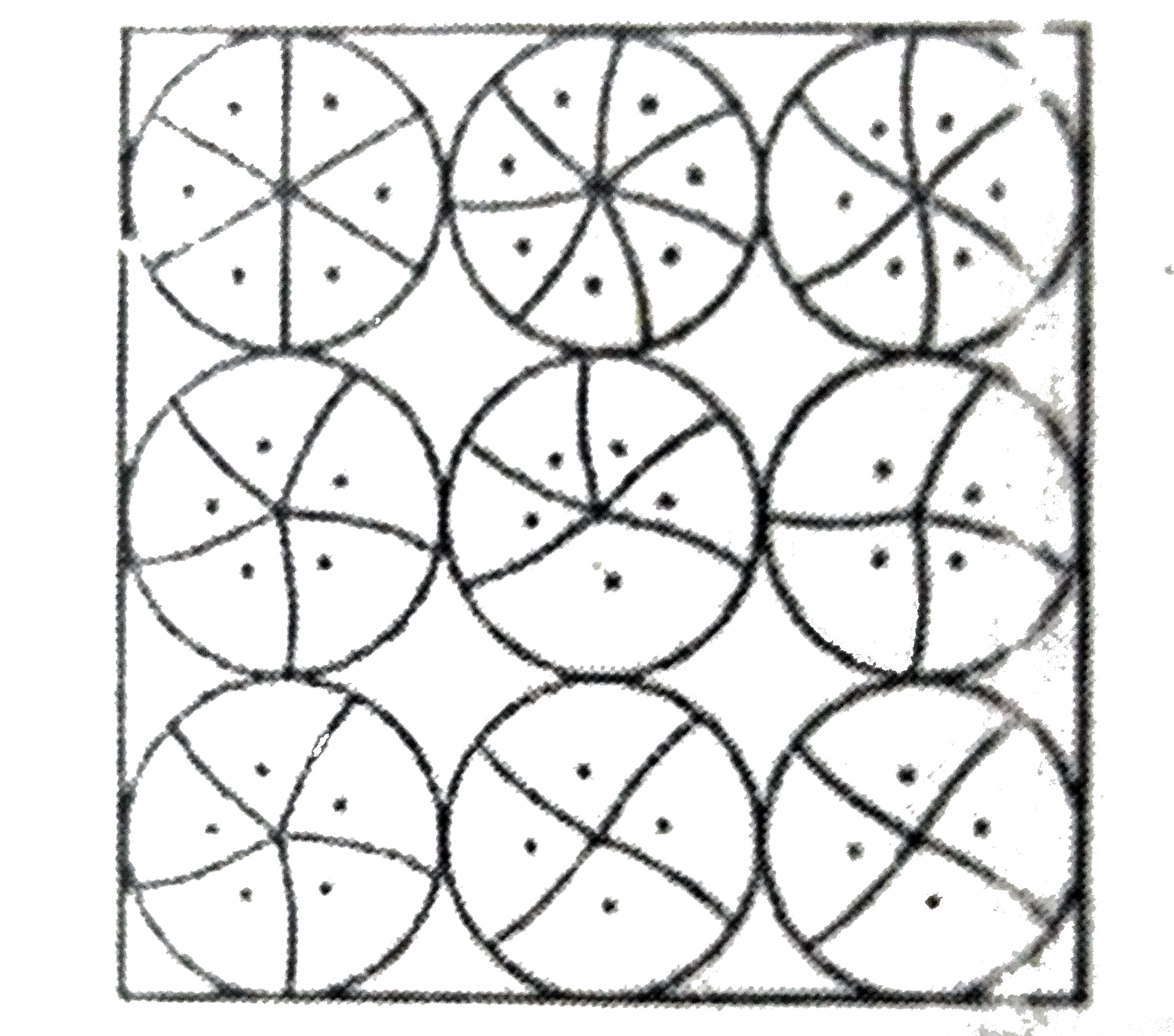 एक वर्गाकार रुमाल पर, नौ वृत्ताकार डिजाइन बने है,  जिसमे से प्रत्येक की त्रिज्या 7 सेमी  है (देखिए आकृति) । रुमाल के शेष भाग का क्षेत्रफल ज्ञात कीजिए।
