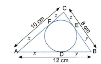 A circle is inscribed in a  A B C
having side 8c m ,10 c ma n d12 c m
as shown in Figure. Find A D ,B Ea n dC Fdot